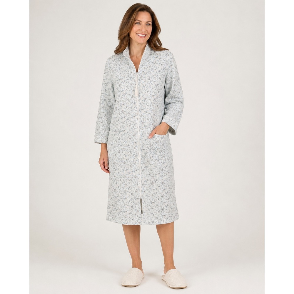 Miss Elaine Blue Jay Full Zip Robe Gown Womens Medium White Blue Cotton Blend